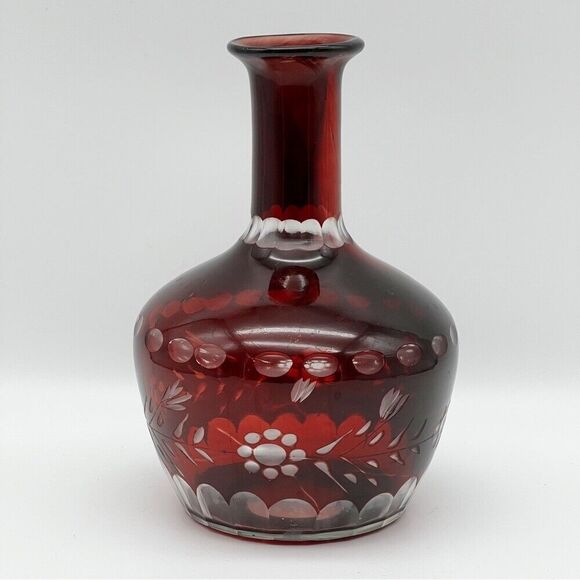 Vintage Czech Bohemian Ruby Red Cut To Clear Floral Etched Glass Decanter Vase - Picture 1 of 12